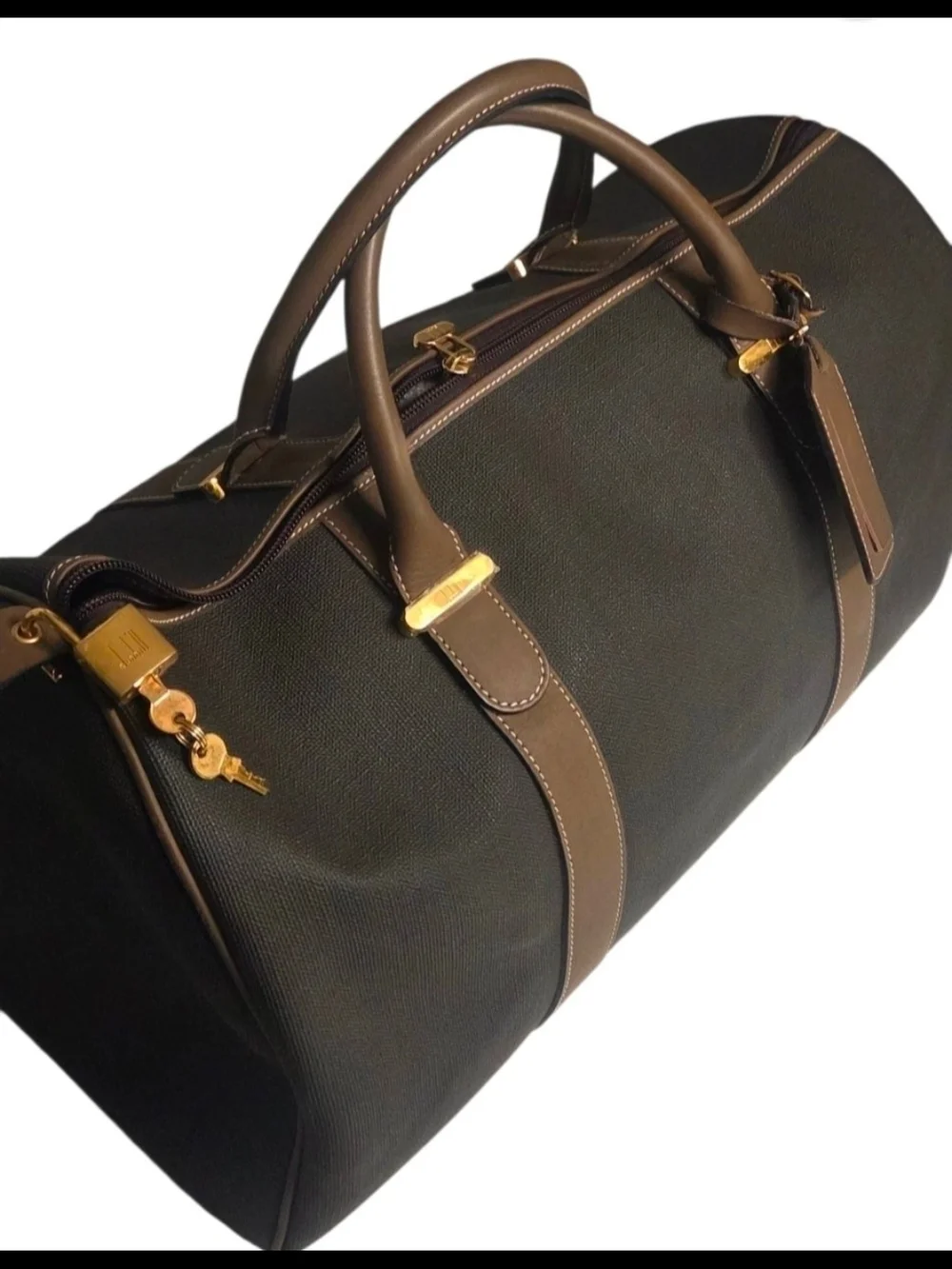 DUNHILL NWOT Men's Canvas & Leath Boston Duffle Bag + Brass Lock & Keys & ID Tag